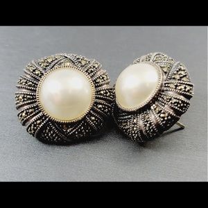 Vintage Judith Jack Sterling Silver Faux Pearl/Marcasite Earrings
